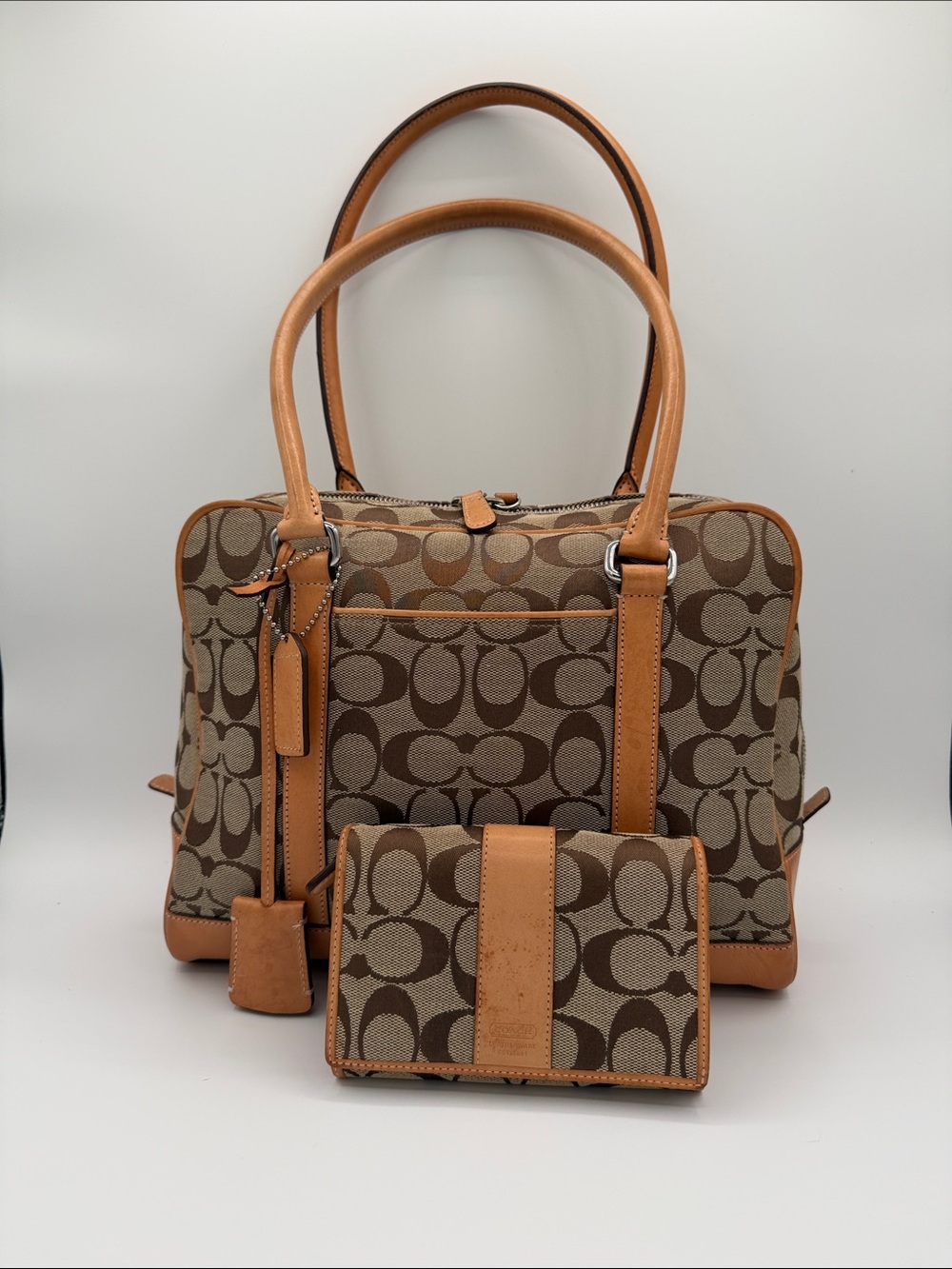 Coach Set Brown and Tan Signature Canvas Shoulder Dome Bag with Wallet 2000 - Picture 1 of 14
